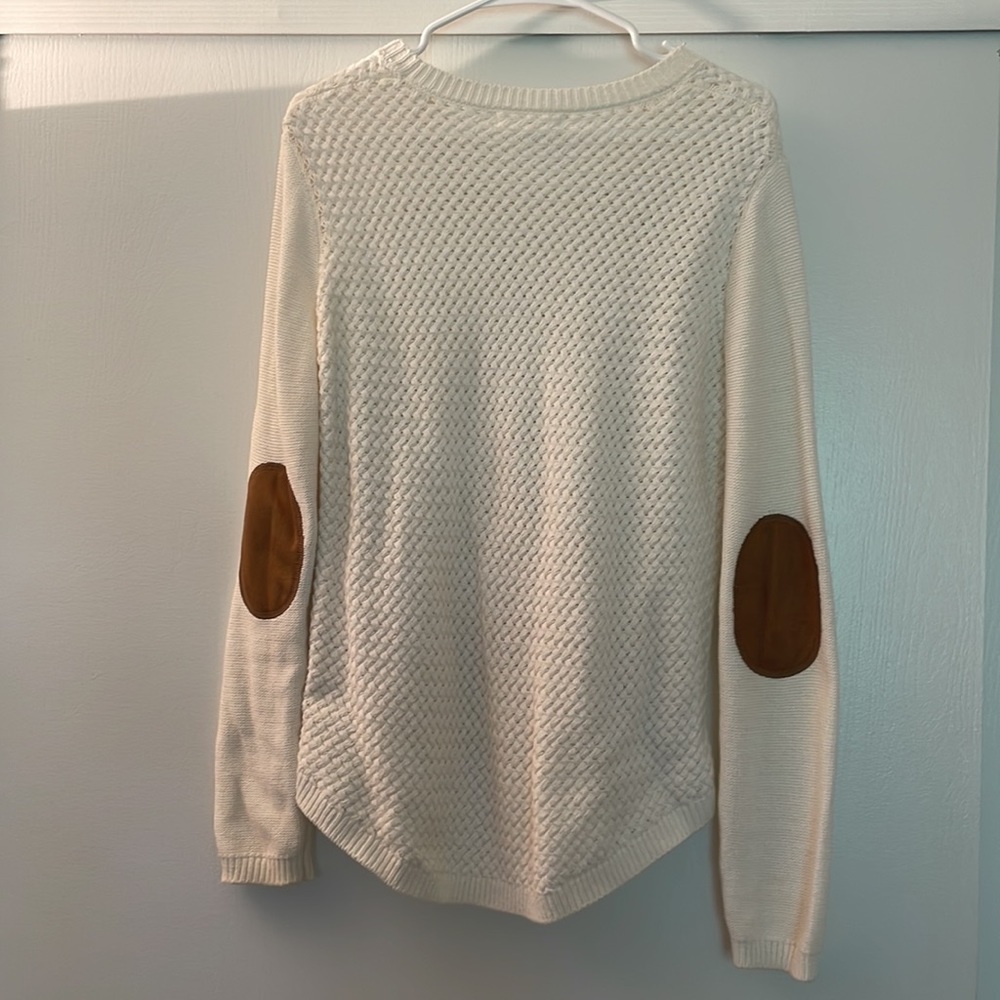 August Mist Cream Small Sweater with Suede Elbow Patches - Picture 2 of 8